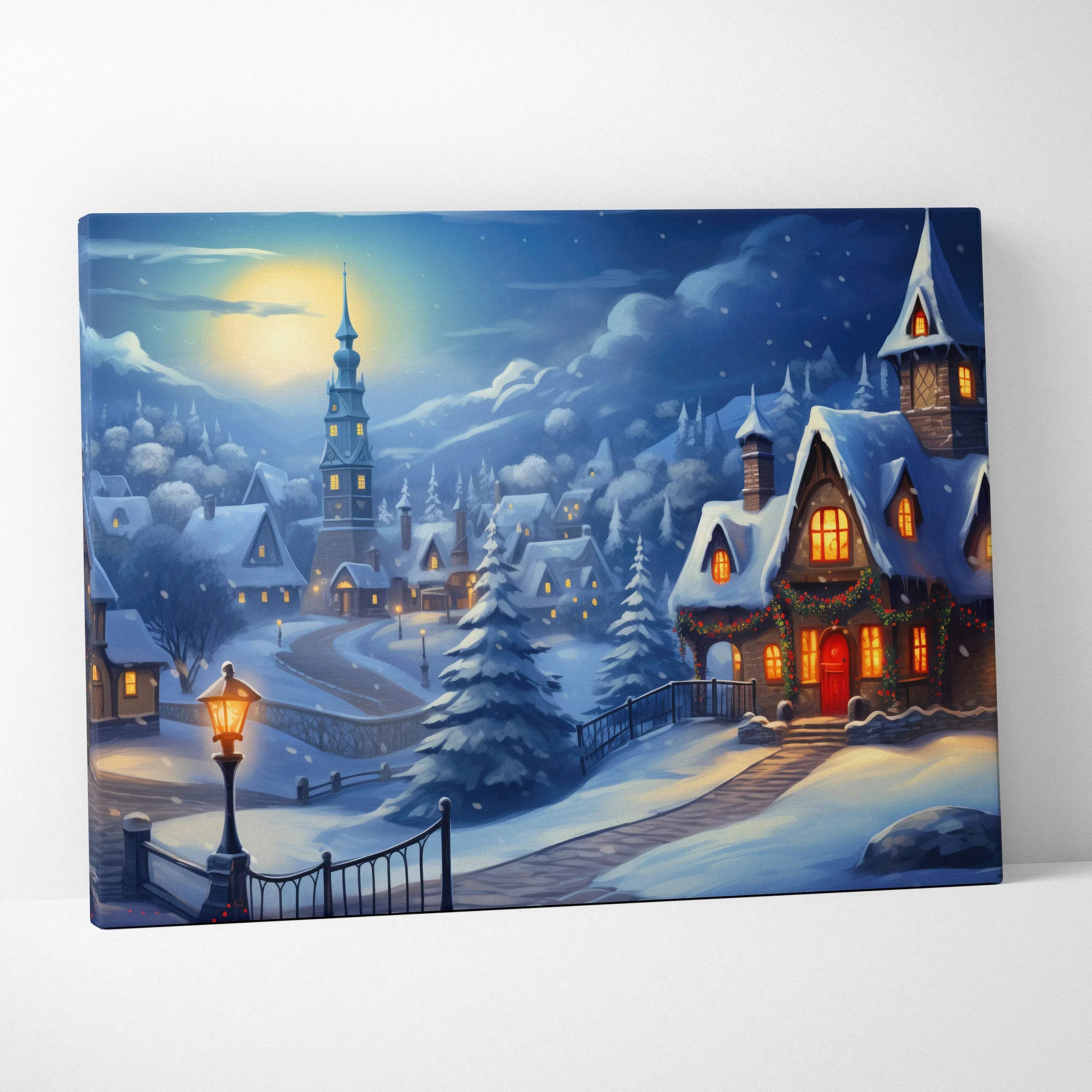 Canvas wall art depicting a snowy village at night with illuminated houses and a glowing full moon.