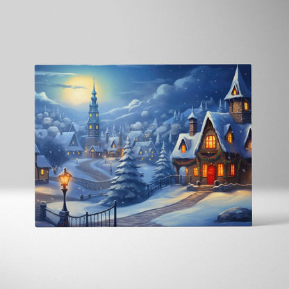 Winter village scene canvas wall art with snow-covered houses, pine trees, and glowing lampposts under a moonlit sky.
