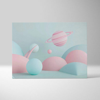 Abstract digital canvas art with pastel pink and blue spheres and a ringed planet design.
