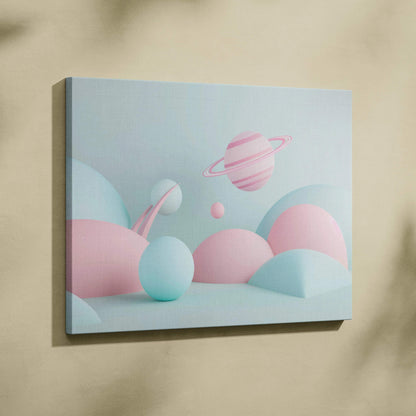 Abstract digital canvas art with pastel pink and blue spheres and planet shapes on wall art panel.