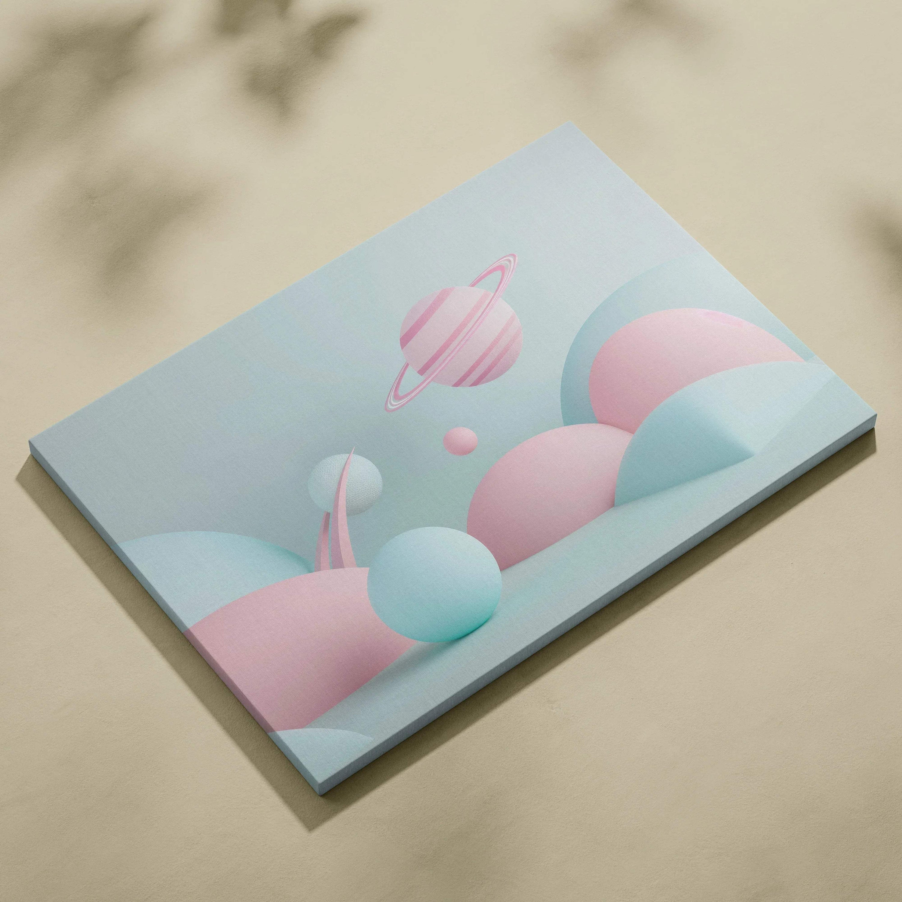 Abstract digital canvas art print with pastel pink and blue spheres and planets, modern wall art.