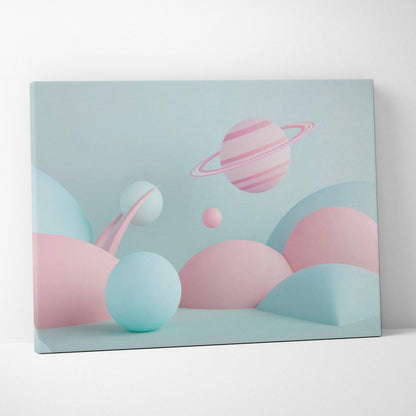 Abstract digital canvas art with pastel pink and blue spheres and planet shapes against a soft blue background.