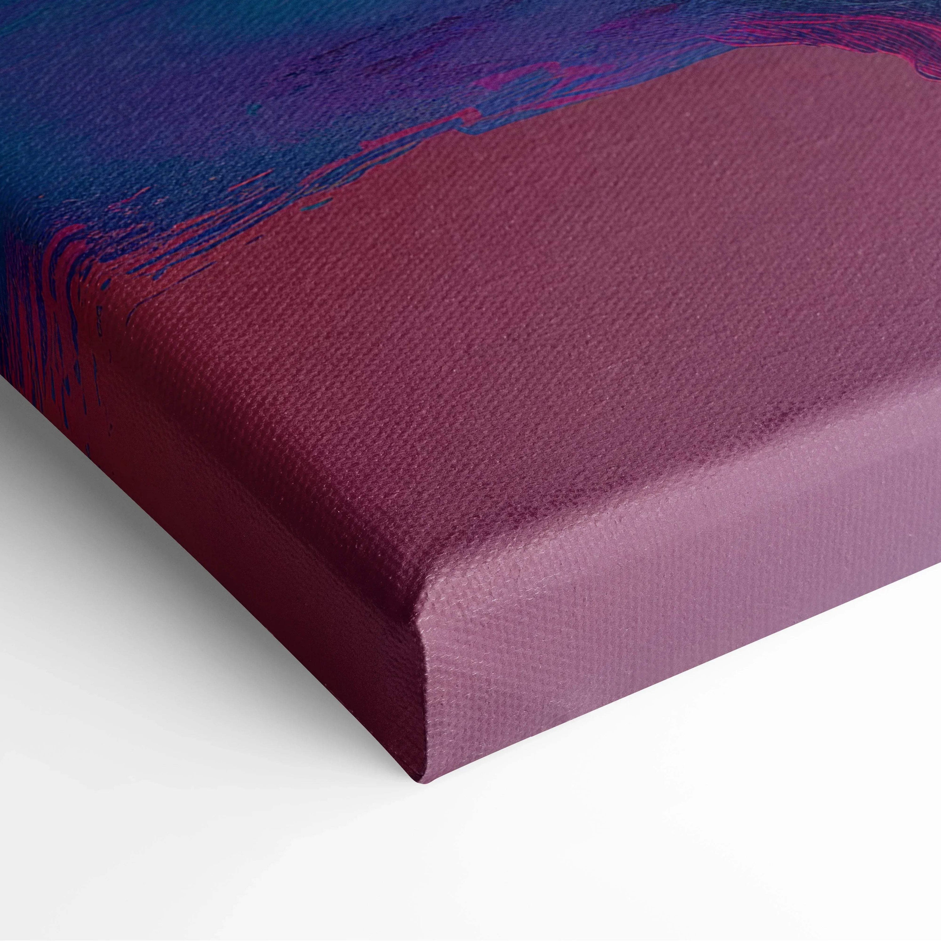 Close-up of modern abstract digital wall art canvas with purple and blue tones on wrapped edges.