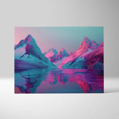 Abstract digital canvas art featuring pink and purple mountain peaks reflected in calm water.