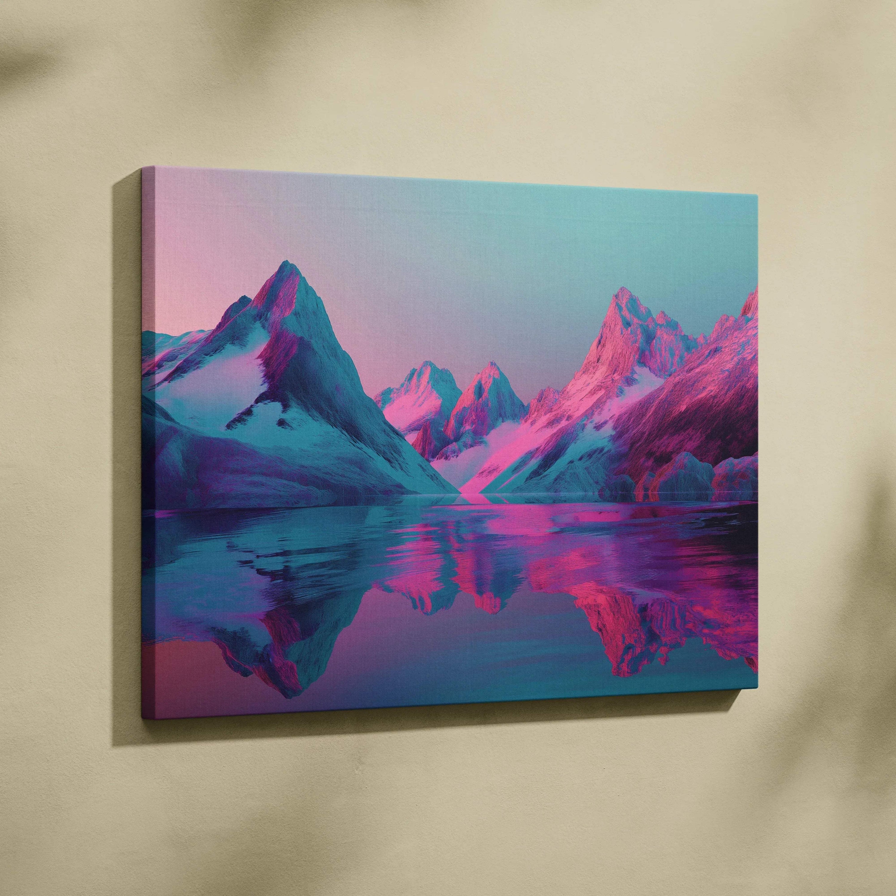 Canvas wall art featuring abstract mountain landscape in vibrant blue and pink tones with reflective water detail.