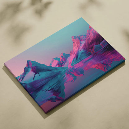Abstract digital wall art canvas print featuring vibrant pink and blue mountain shapes with reflective water effect.