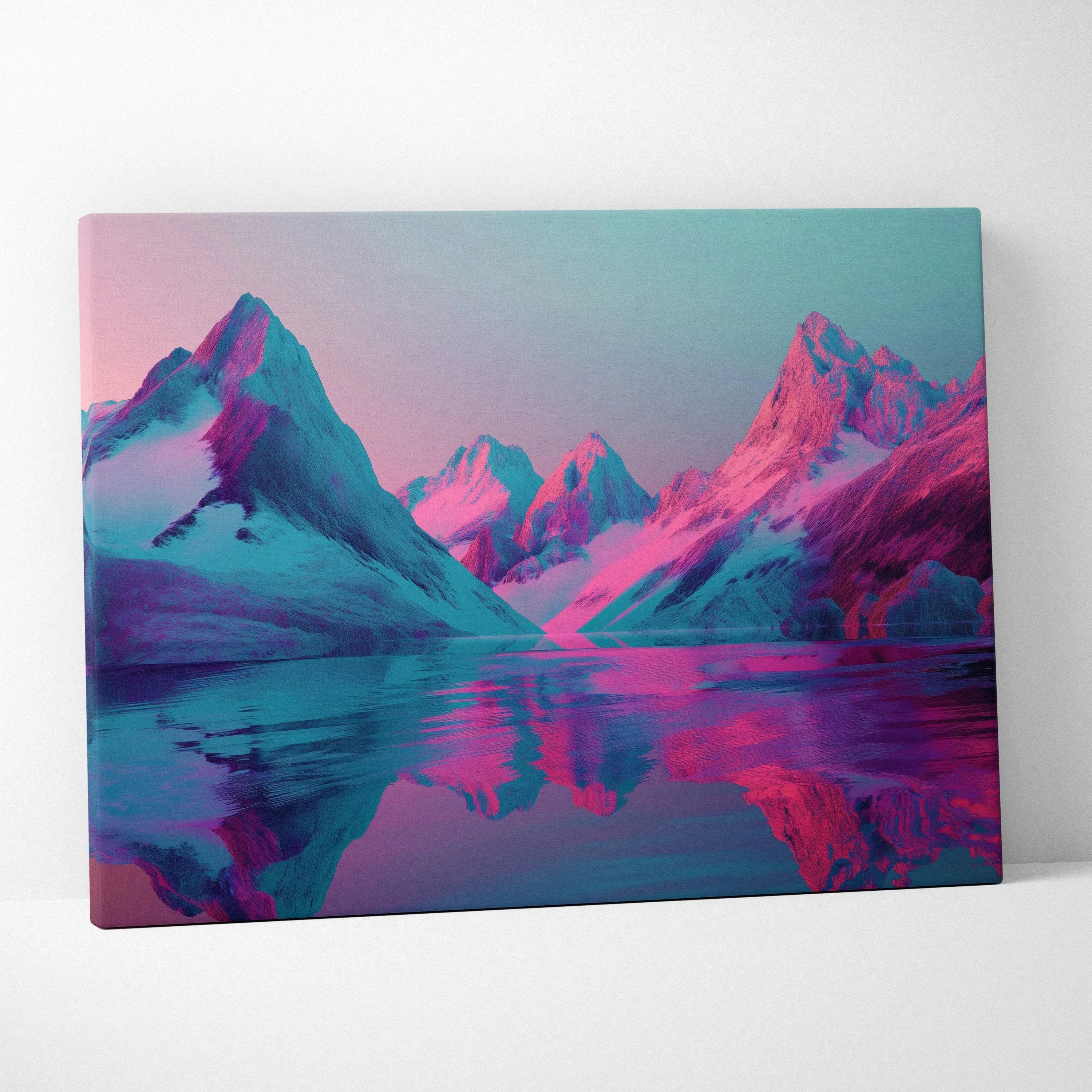 Canvas wall art featuring a vibrant digital abstract landscape with pink and blue mountain peaks reflected in calm water.