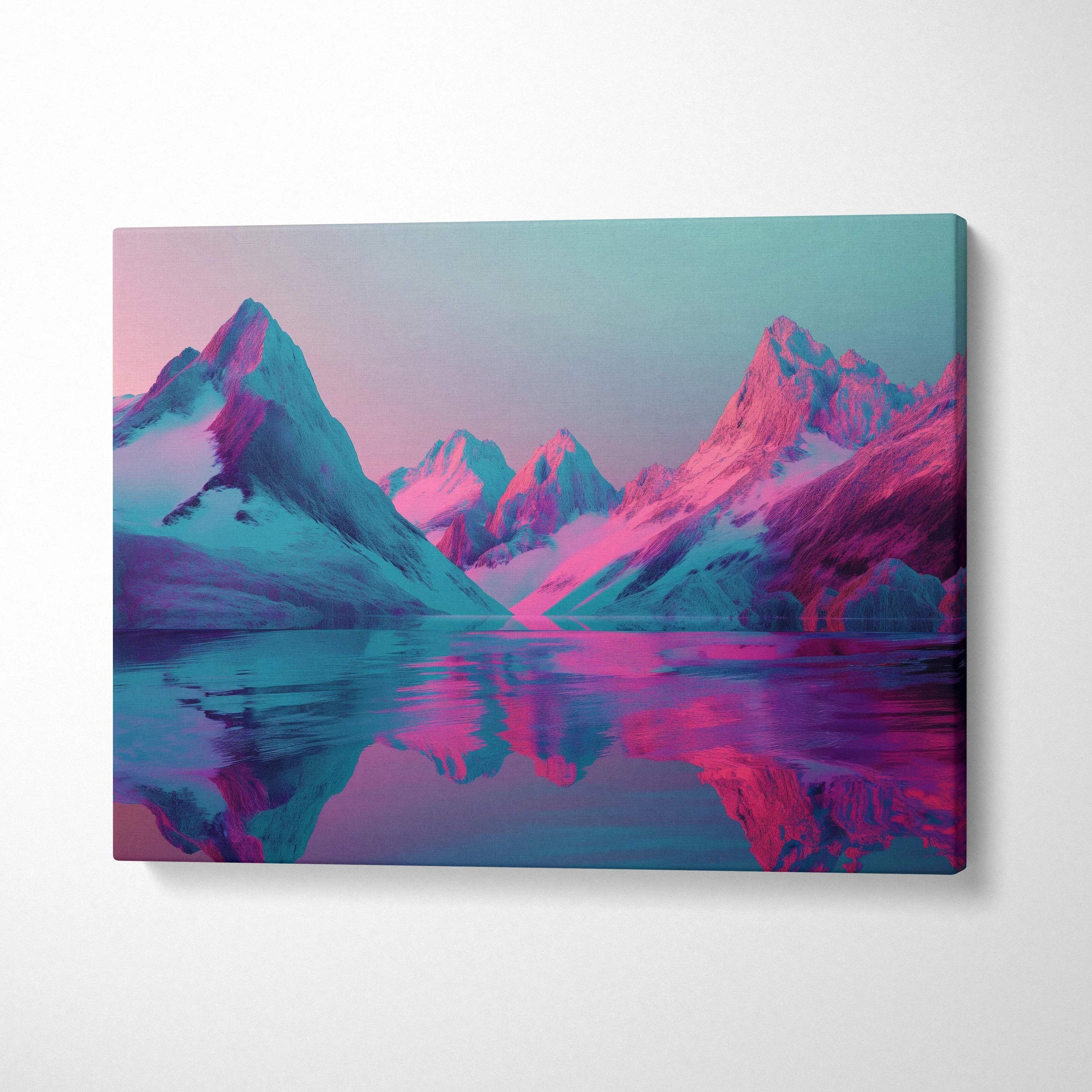 Abstract digital canvas wall art featuring pink and blue mountain landscape with reflective water.