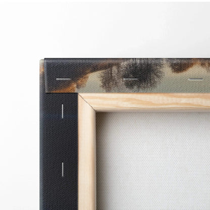 Corner close-up of stretched canvas on wooden frame with modern architectural print in black and beige tones.