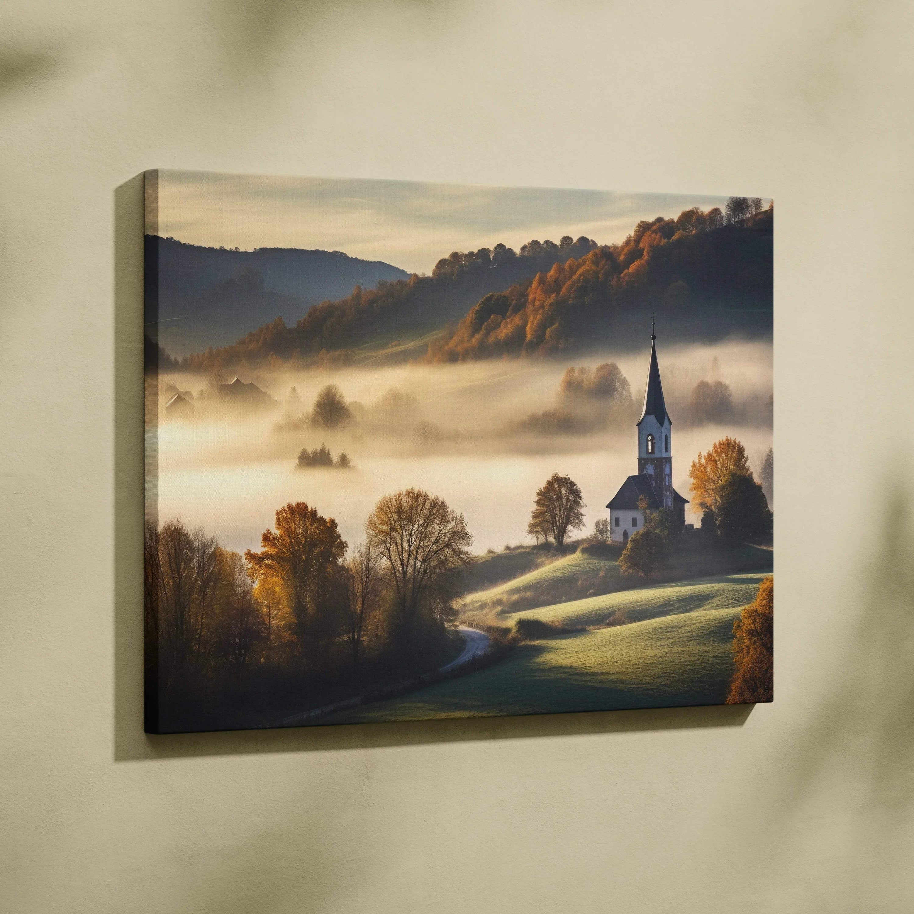 Canvas wall art featuring a misty autumn landscape with a church and rolling hills at sunrise.
