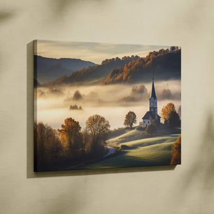 Canvas wall art featuring a misty autumn landscape with a church and rolling hills at sunrise.