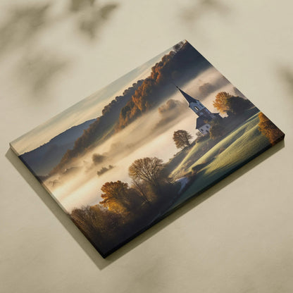 Canvas wall art featuring a serene landscape with a church steeple, misty hills, and warm autumn colors.