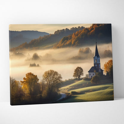 Canvas wall art depicting a serene landscape with a church steeple and misty hills in warm autumn tones.