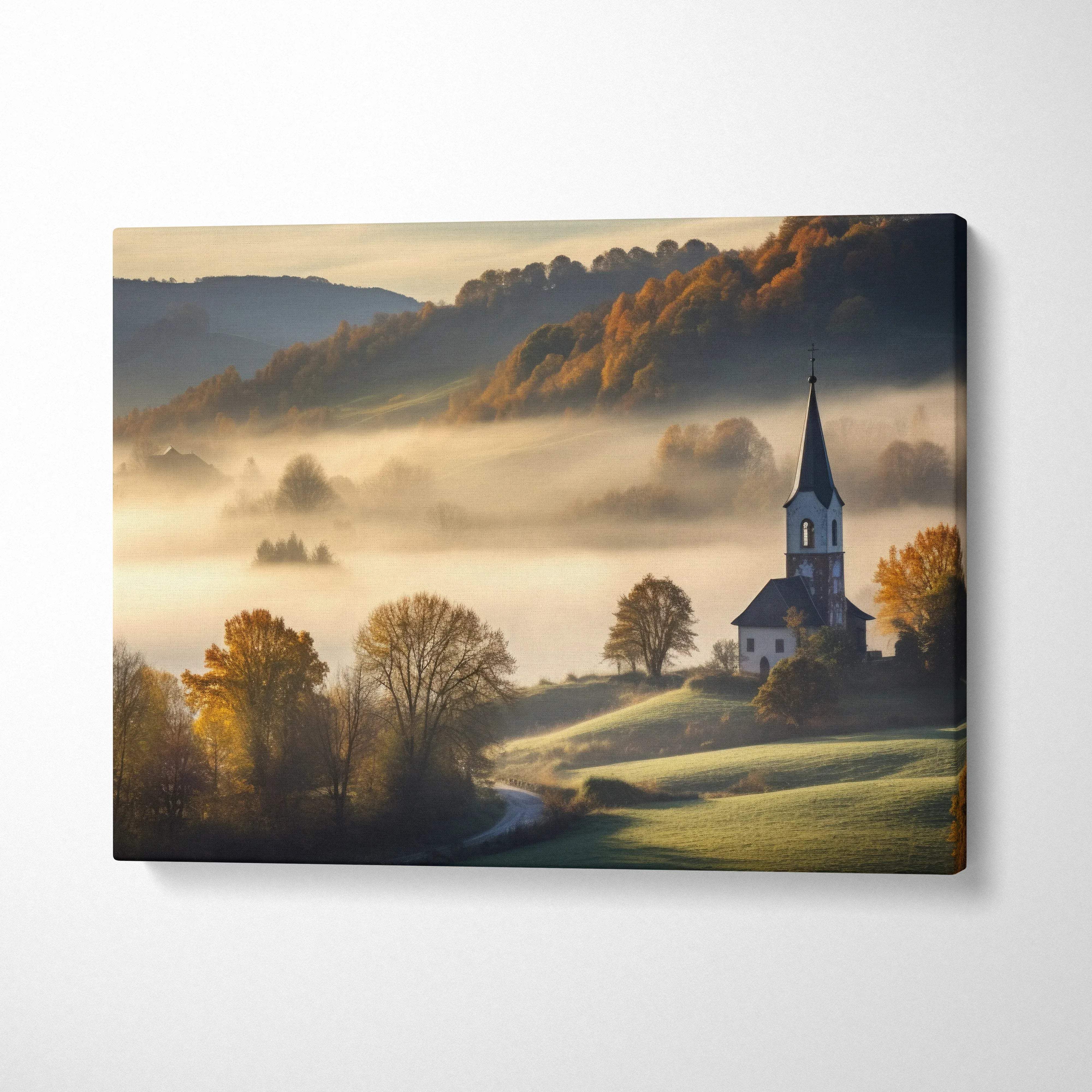 Canvas wall art featuring a scenic church amid foggy autumn hills with warm lighting and soft shadows.
