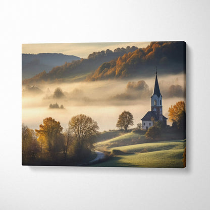 Canvas wall art featuring a scenic church amid foggy autumn hills with warm lighting and soft shadows.