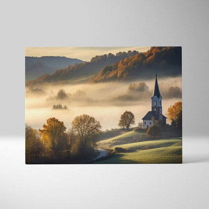 Canvas wall art featuring a misty autumn landscape with a church steeple and rolling hills in warm tones.