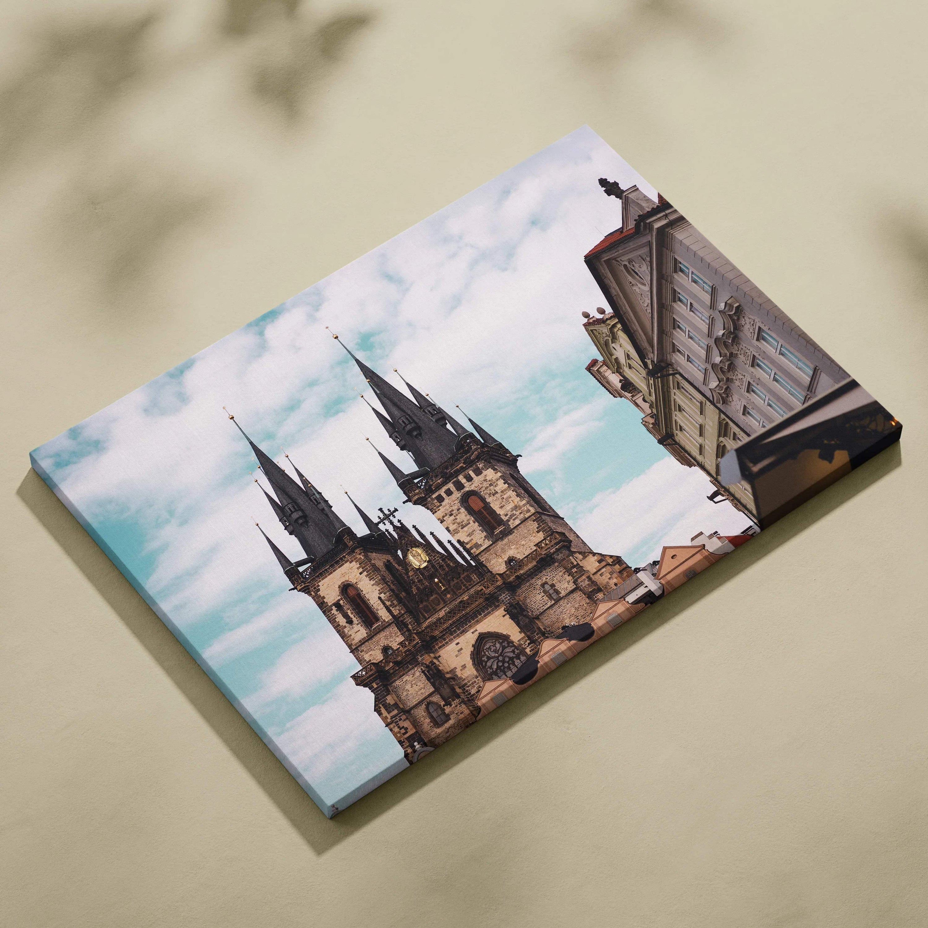 Canvas wall art featuring a digital painting of Gothic architecture with twin spires under a cloudy sky.