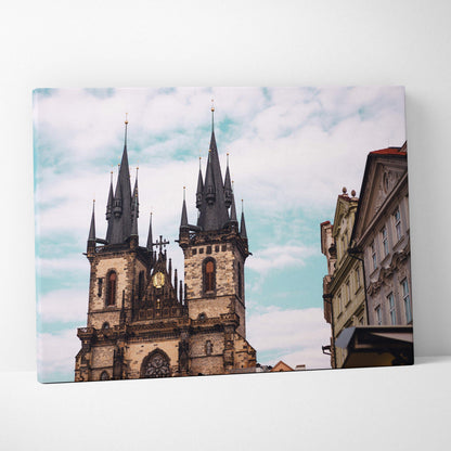 Canvas wall art featuring a detailed digital print of Gothic architecture with twin spires against a cloudy sky.
