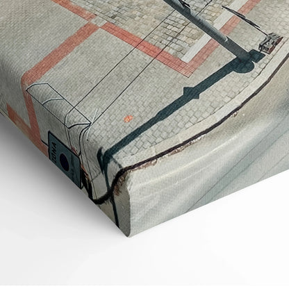 Stunning canvas art featuring detailed urban architecture with geometric lines and muted tones, wall art print.