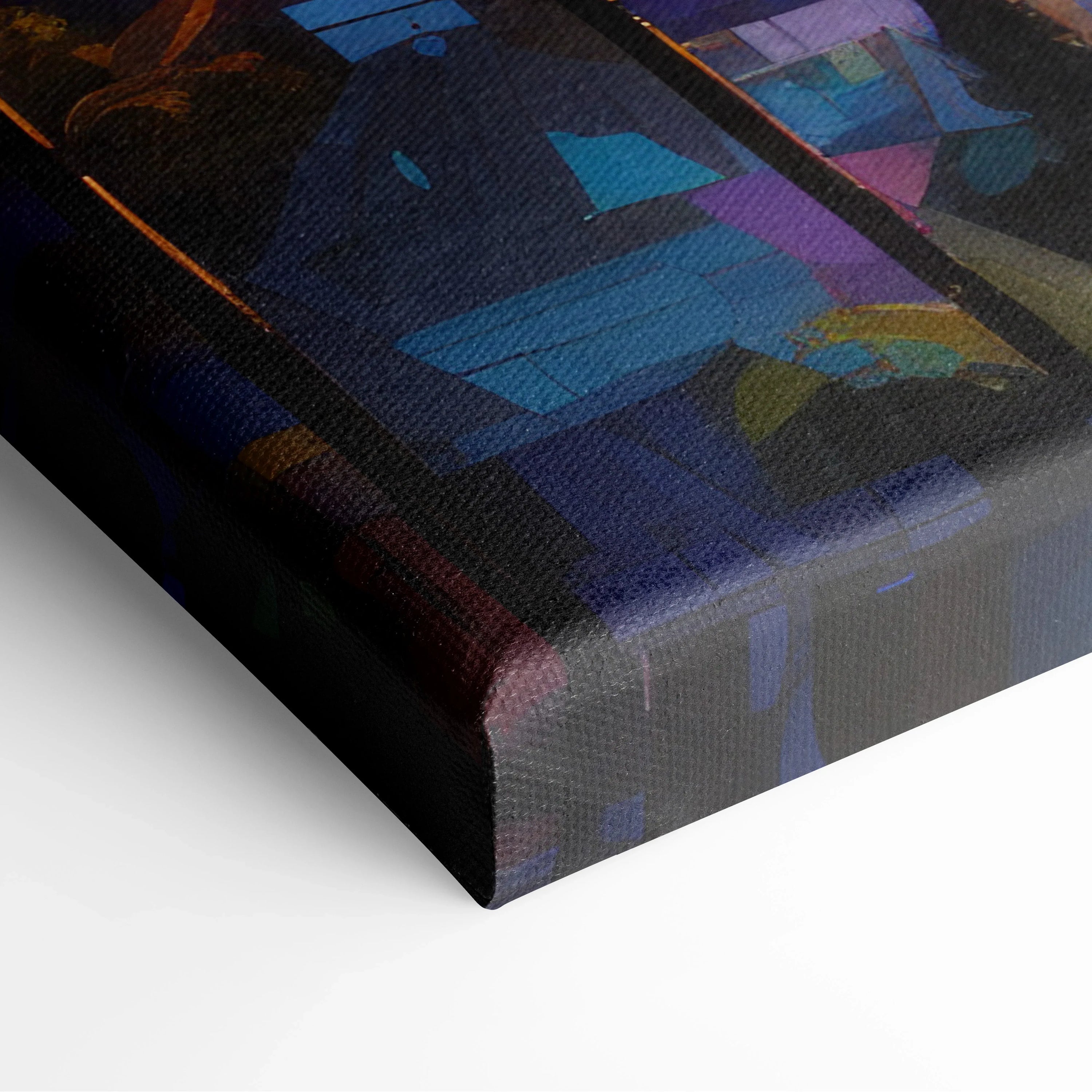 Abstract digital painting of Los Angeles city skyline with vibrant blues and purples on canvas wall art.