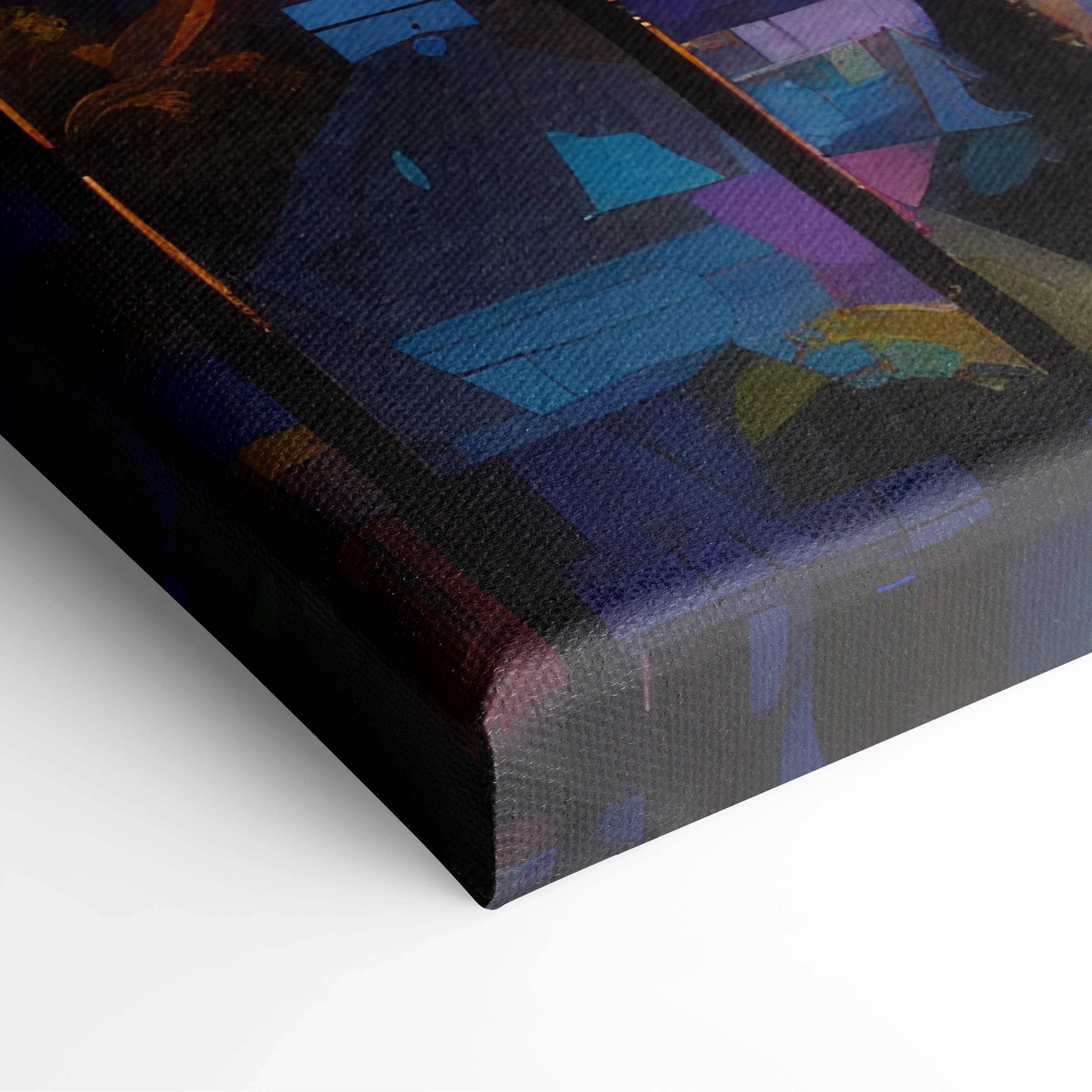 Abstract los angeles city skyline canvas wall art with sunset warmth featuring textured deep blues purples yellow and teal colors