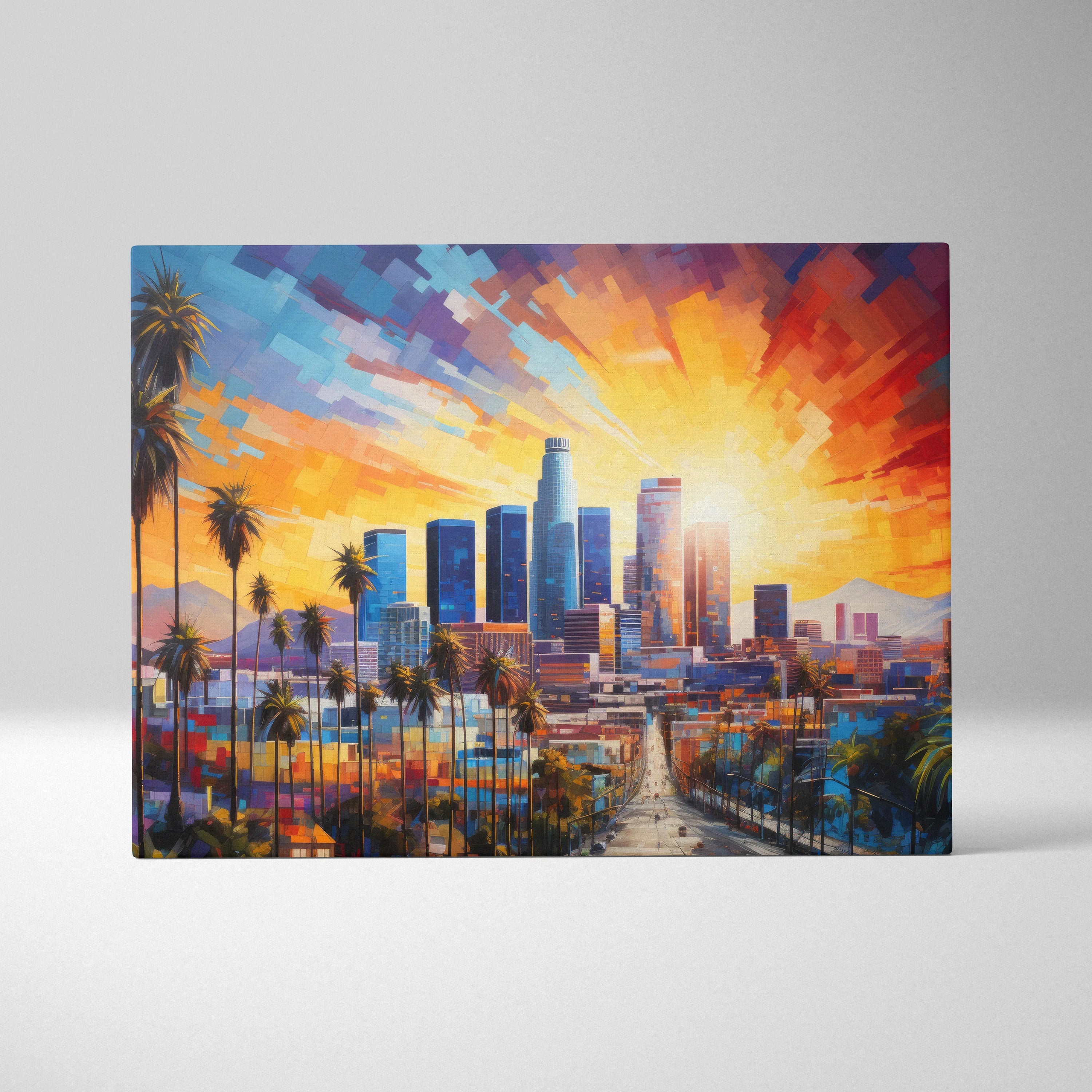Abstract digital painting of Los Angeles skyline with vivid sunset, palm trees, and colorful cityscape canvas art wall decor.