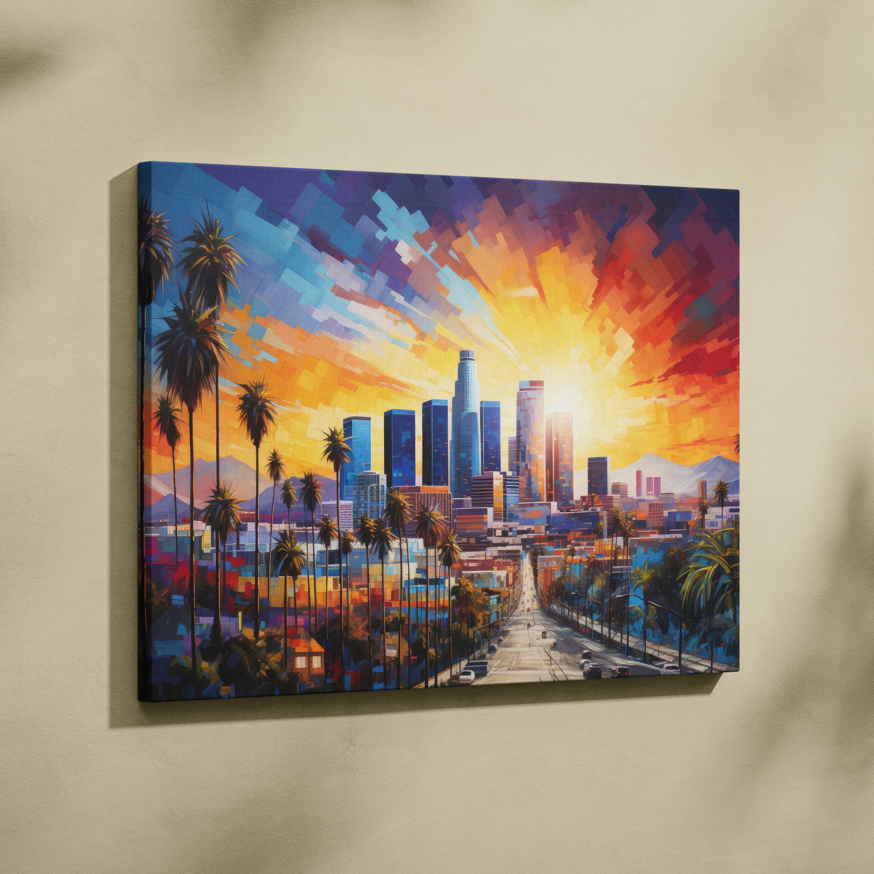 Abstract digital painting of Los Angeles skyline at sunset with vibrant colors on canvas wall art.