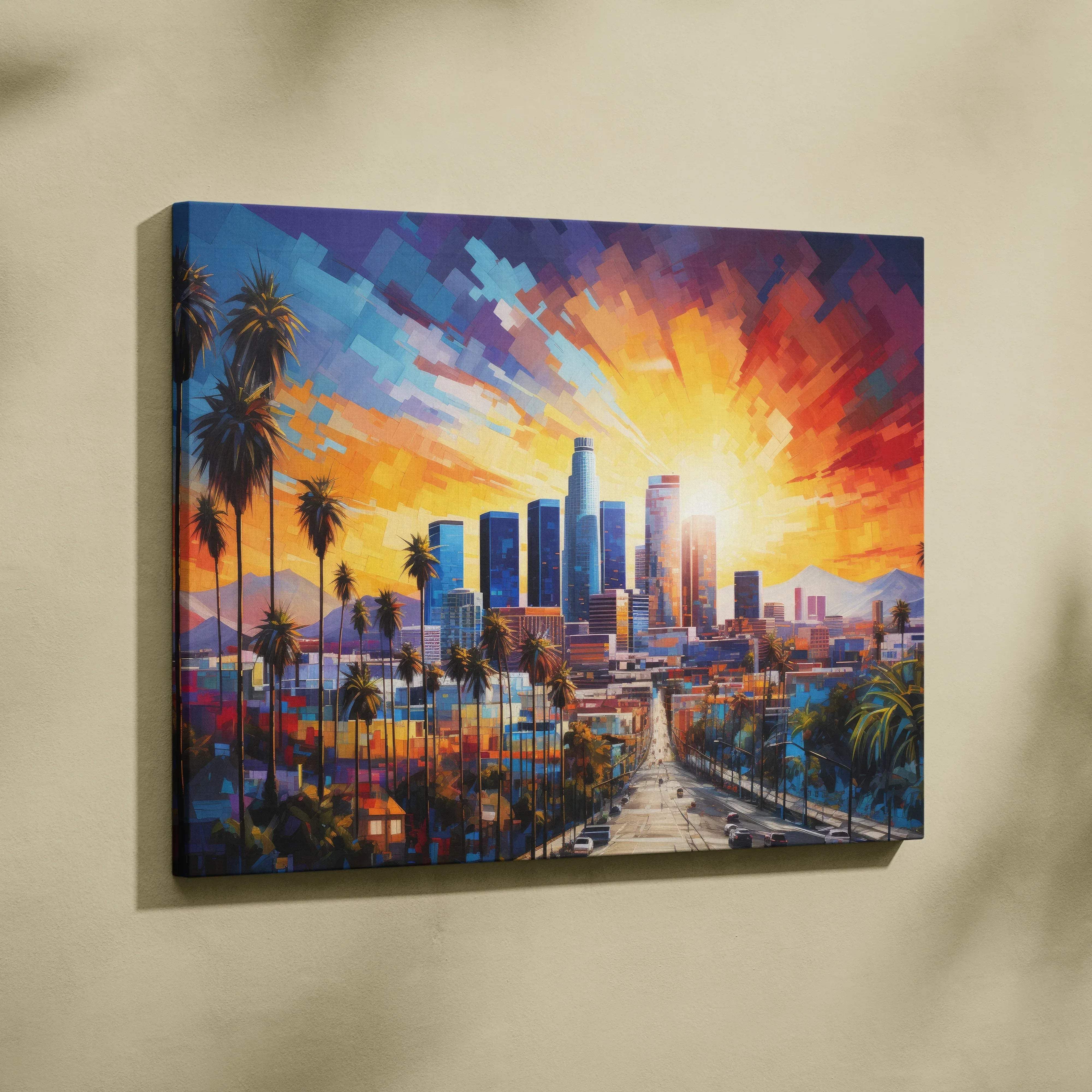 Abstract los angeles city skyline canvas wall art featuring vibrant palm trees and skyscrapers under a warm sunset sky