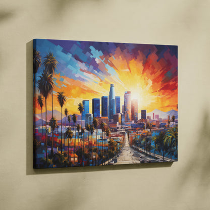 Abstract digital painting of Los Angeles skyline at sunset with vibrant colors on canvas wall art.