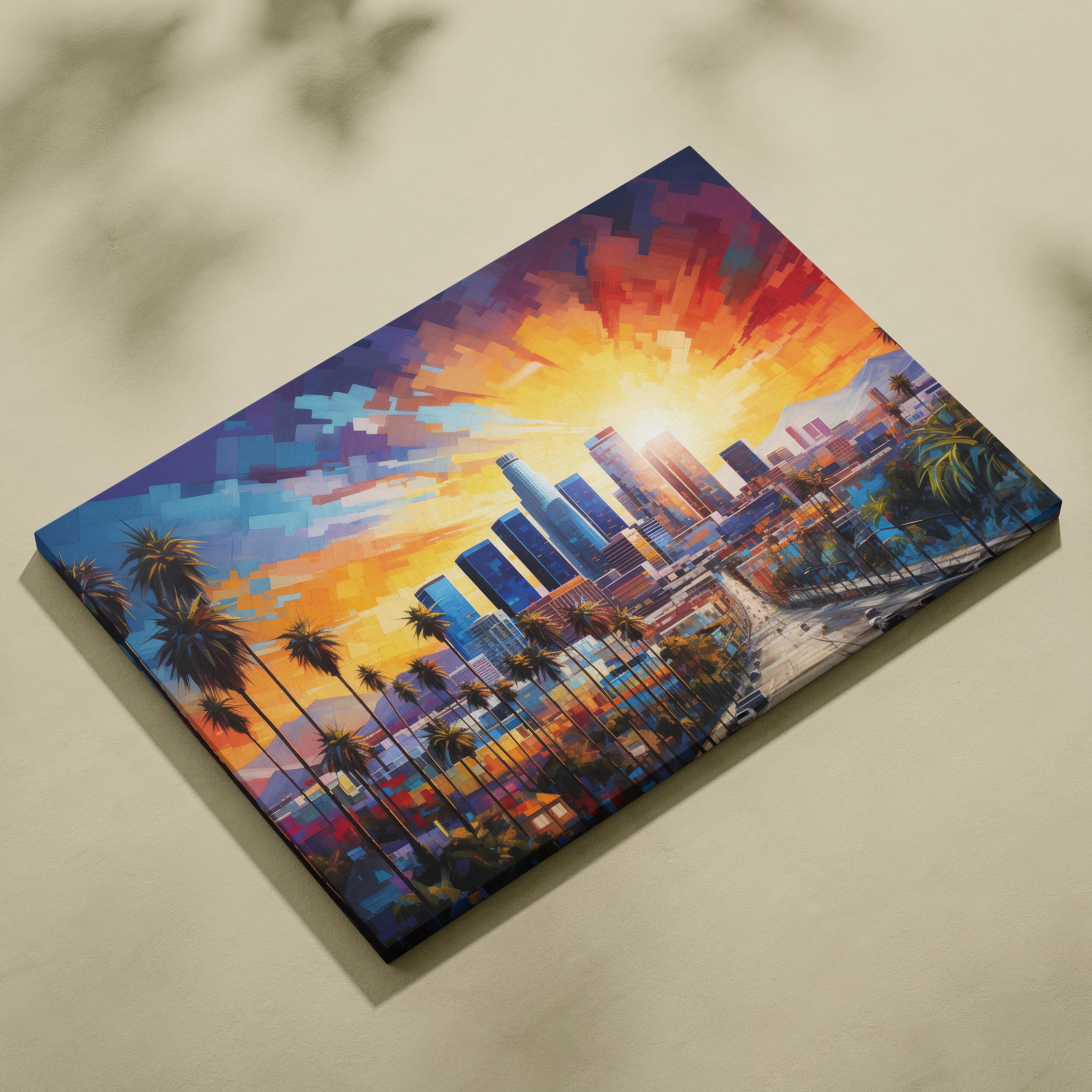 Abstract digital painting of Los Angeles skyline on vibrant sunset canvas wall art.