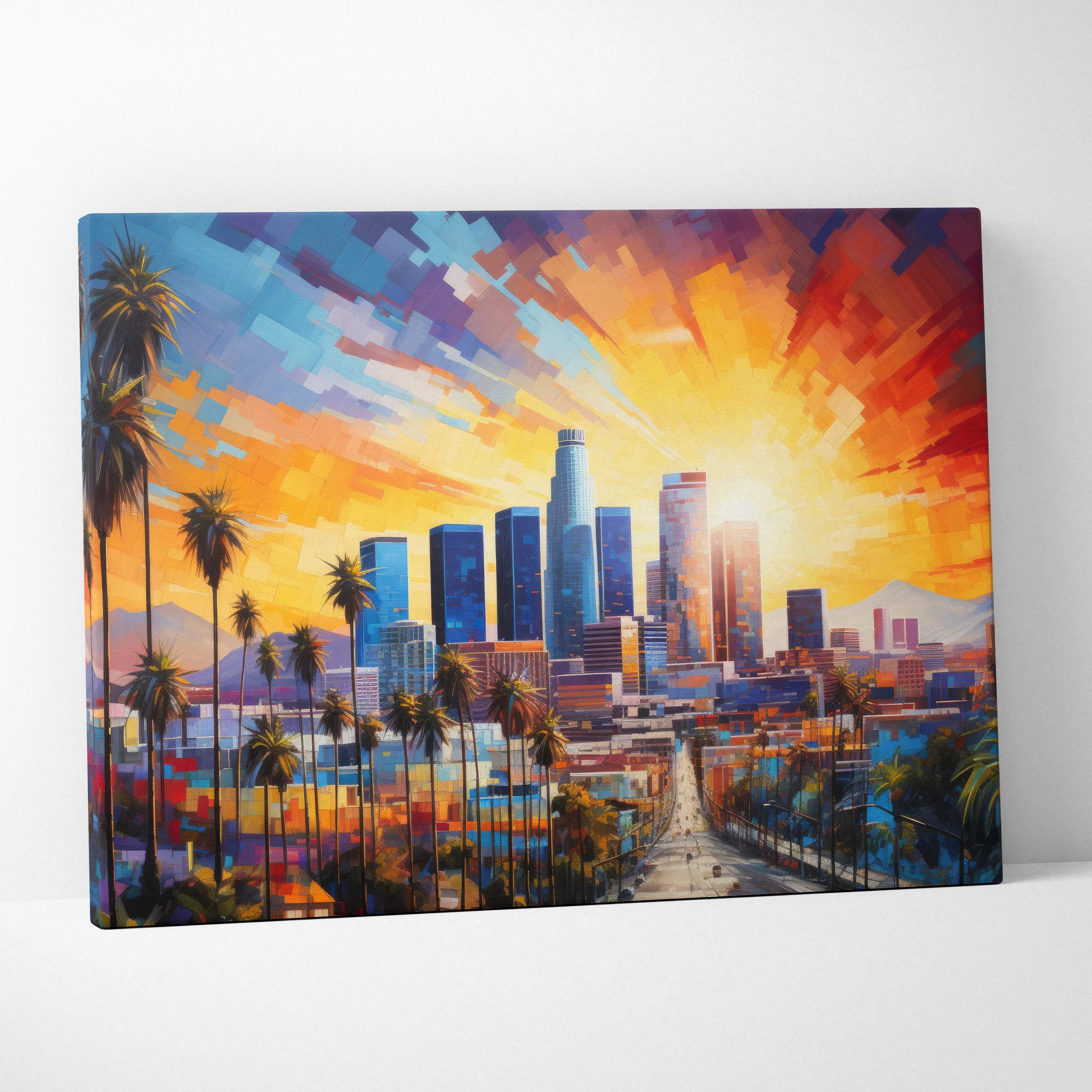 Vibrant digital canvas print of abstract los angeles skyline at sunset with palm trees and skyscrapers in orange and blue hues