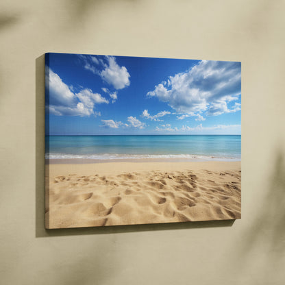 Canvas wall art featuring golden sandy beach with calm ocean waves under a bright blue sky with scattered clouds.