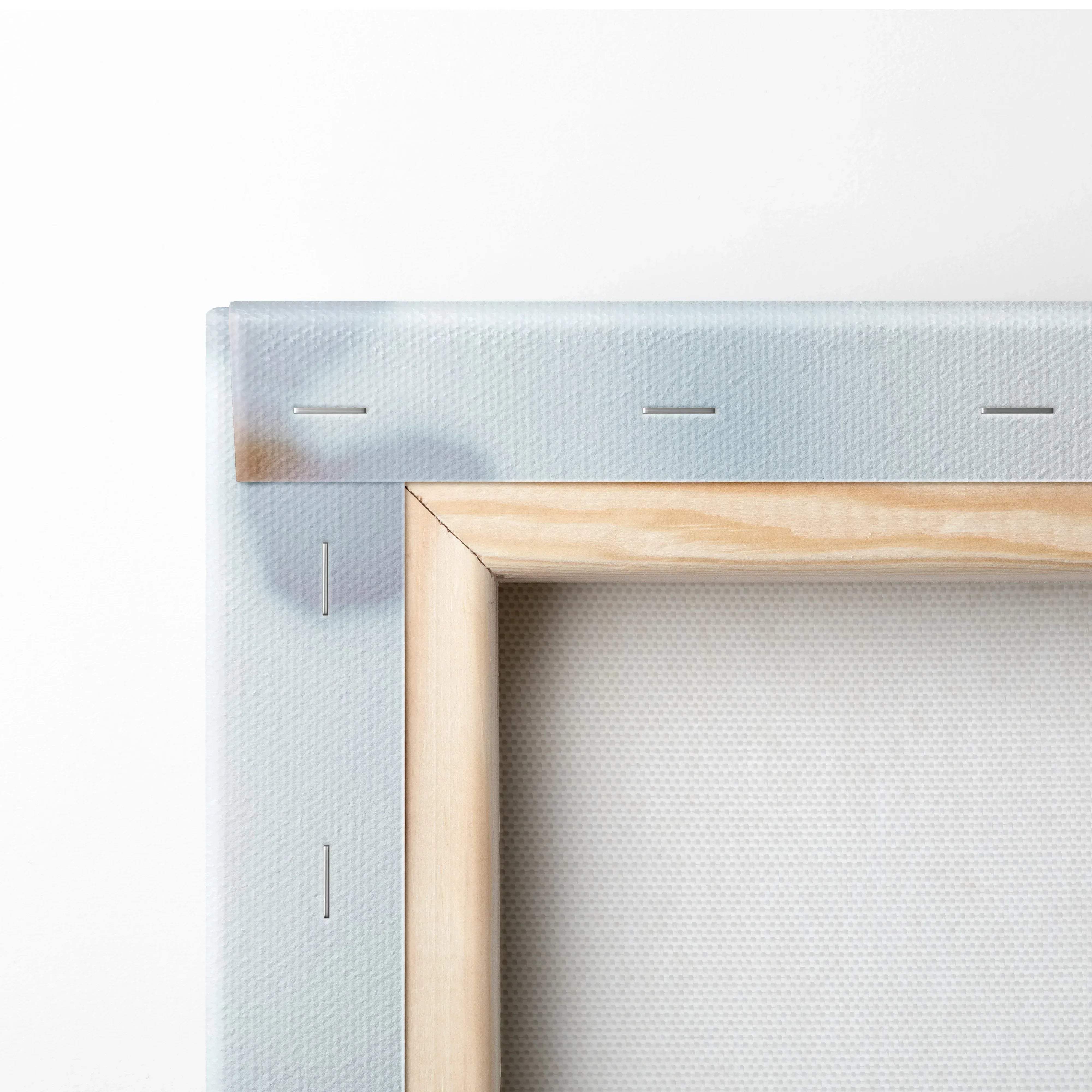 Back of light blue soft focus cherry blossom canvas in wood frame