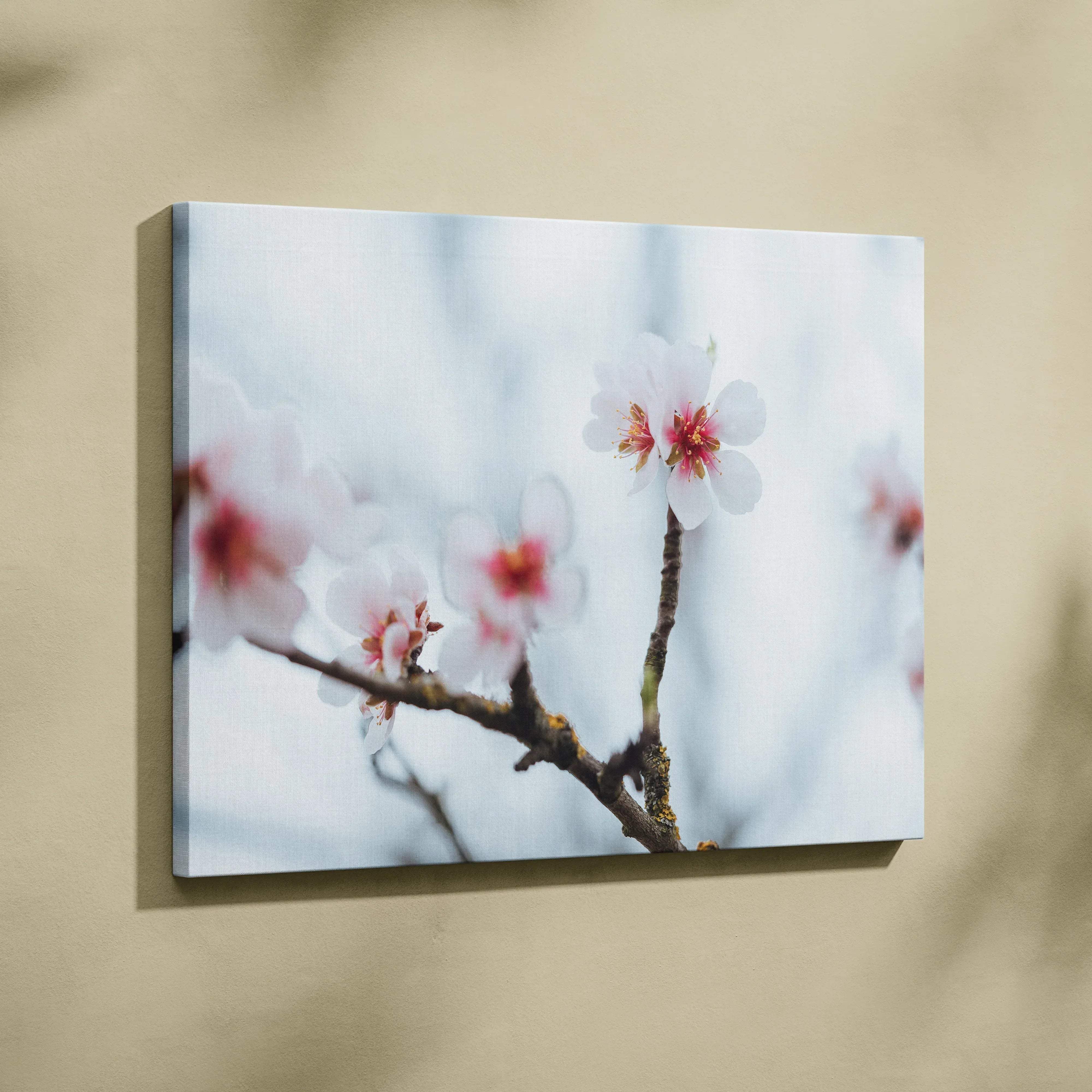 Canvas wall art of soft-focus cherry blossoms in pastel blues and pinks