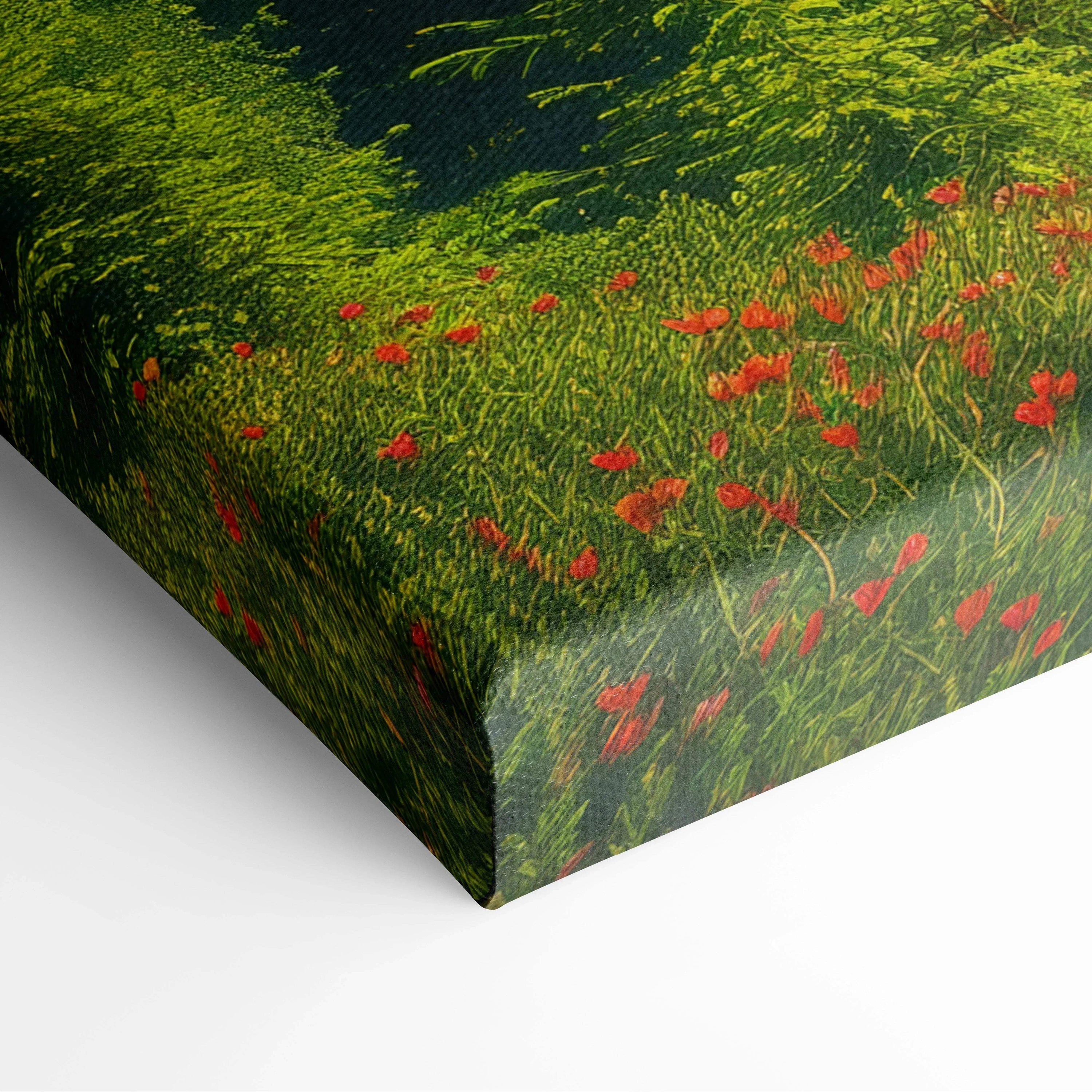 Vibrant impressionist canvas print of red poppies in lush green grass