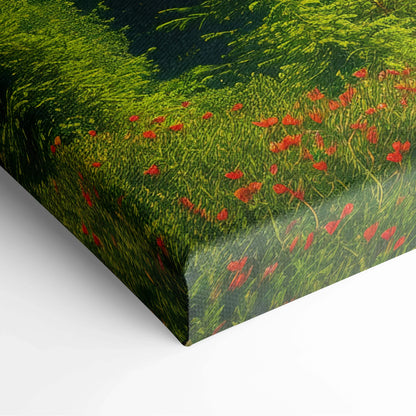 Vibrant impressionist canvas print of red poppies in lush green grass