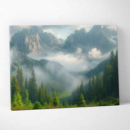 Canvas print of misty alpine mountains, foggy pine forest, serene blue-green mood