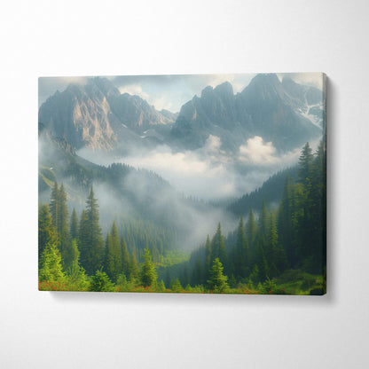 Canvas print of misty Alpine peaks over foggy pine forest