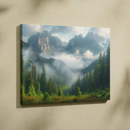 Canvas print of misty alpine mountains, pine forest, wildflowers on wall