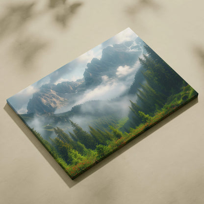 Canvas print of misty alpine mountains, foggy pine forest, serene blue-green mood