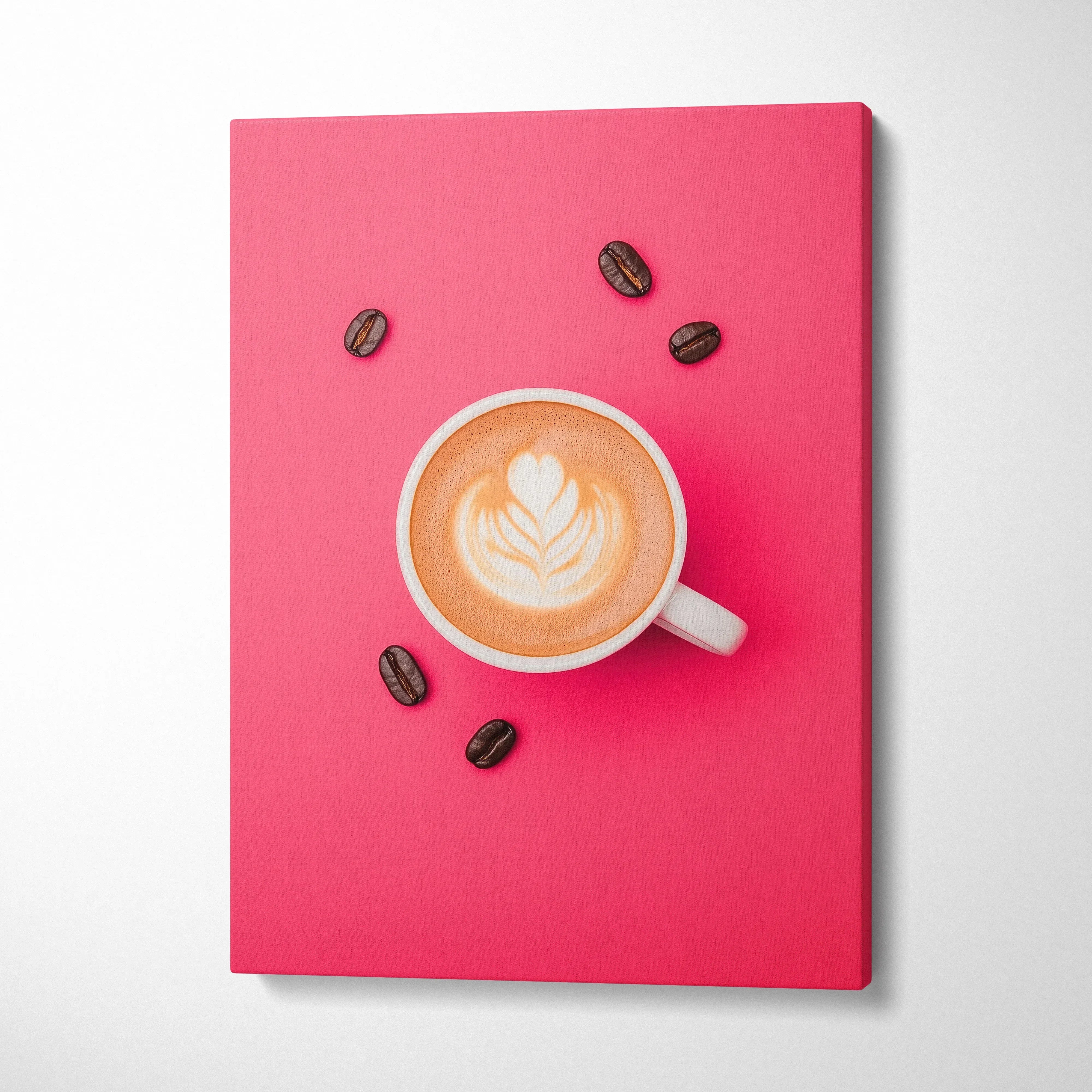 Coffee themed canvas wall art with steaming cup and coffee beans on bright pink background decor.