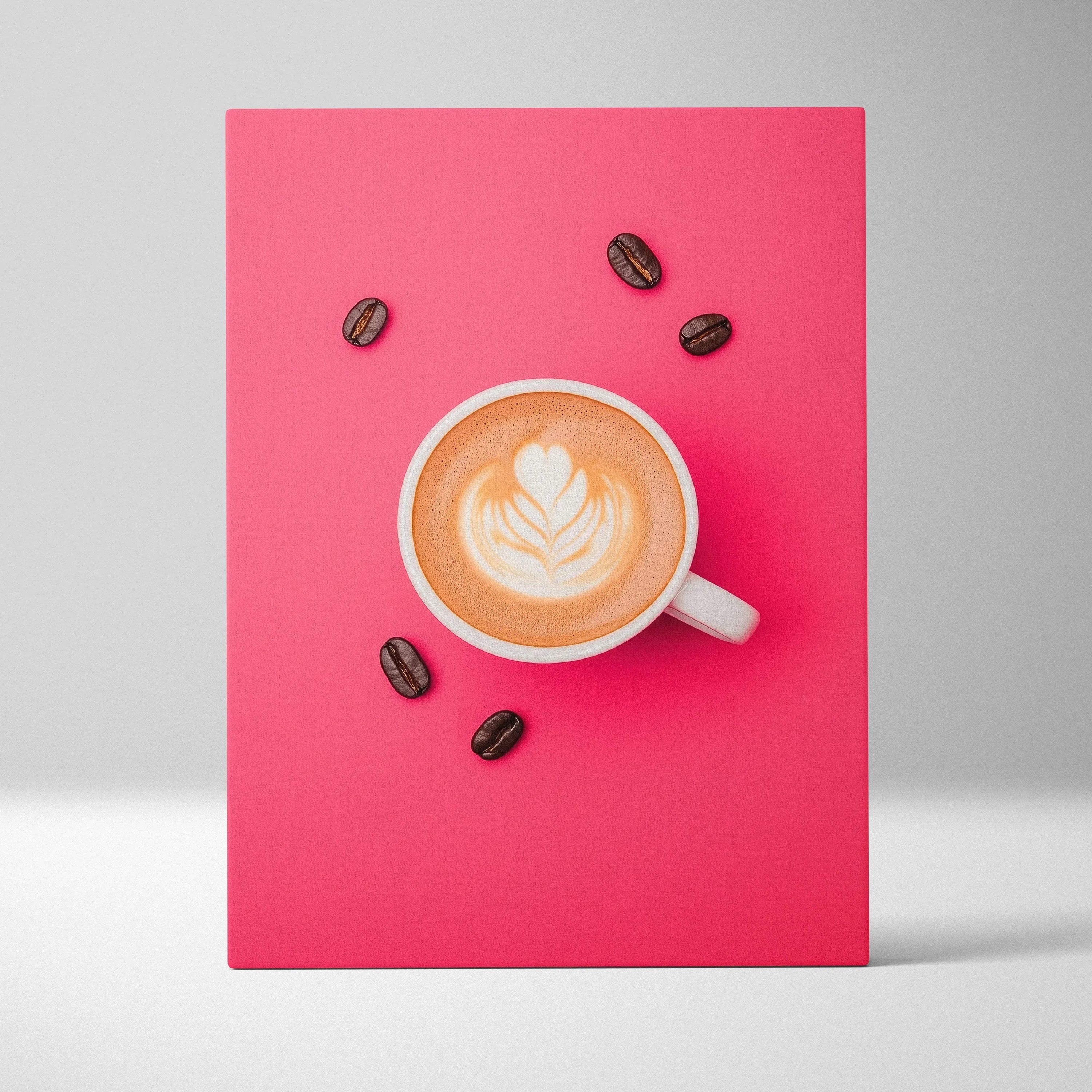 Coffee-themed canvas wall art with steaming cup and coffee beans on vibrant pink background decor.