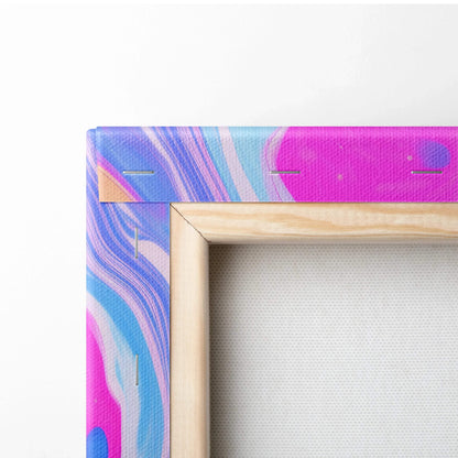 Abstract canvas art with swirling pink, blue, and purple digital patterns wrapped around wooden frame edges.
