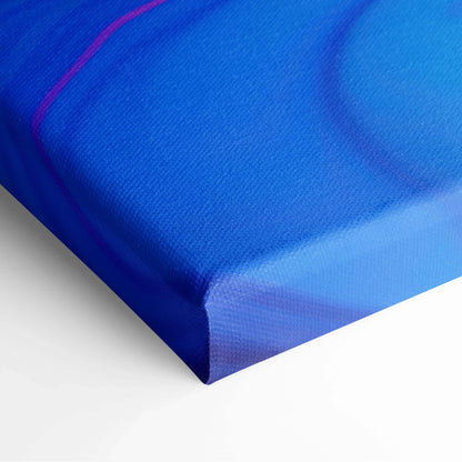 Blue and purple abstract digital art on stretched canvas wall art corner detail.