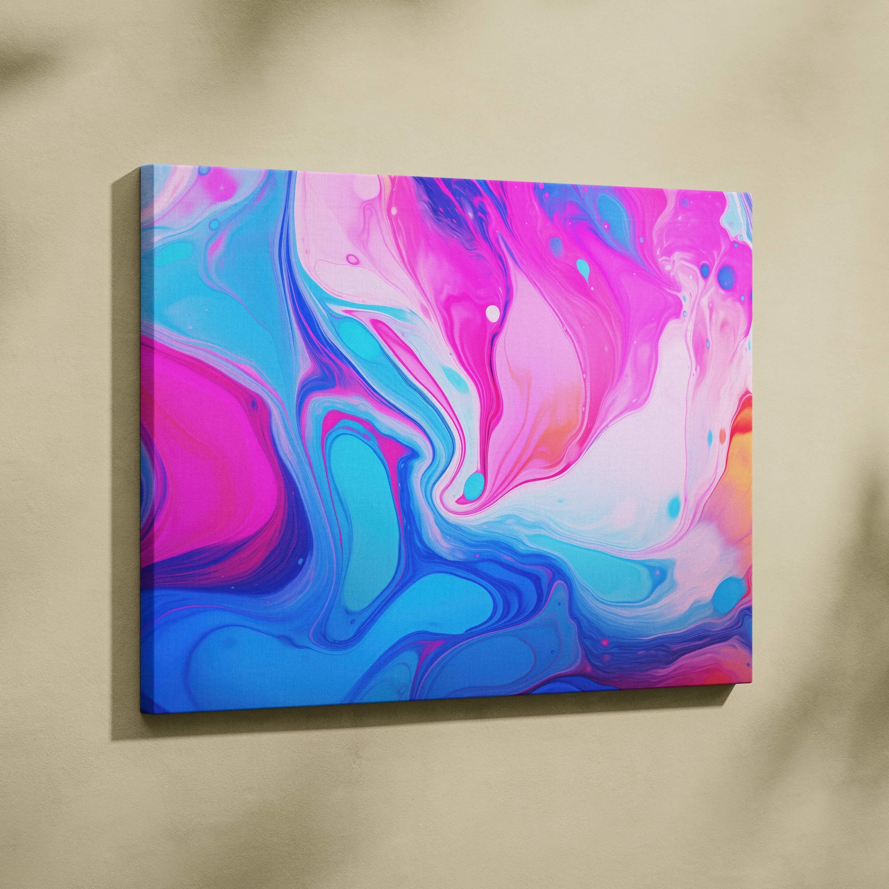 Abstract blue and pink modern digital art on a vibrant canvas wall art panel.