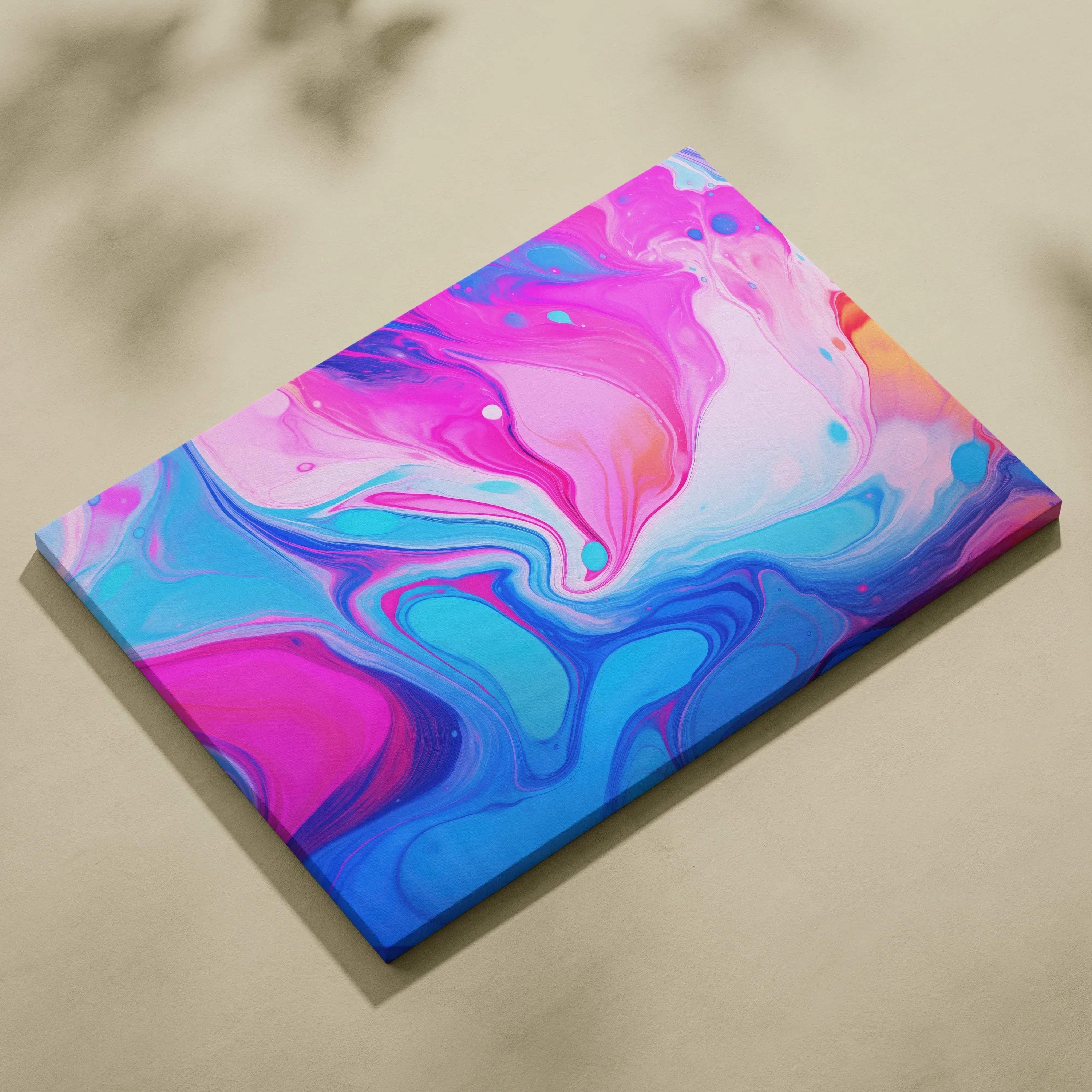 Abstract modern digital canvas art with swirling pink, purple, and blue fluid patterns on wall art canvas.