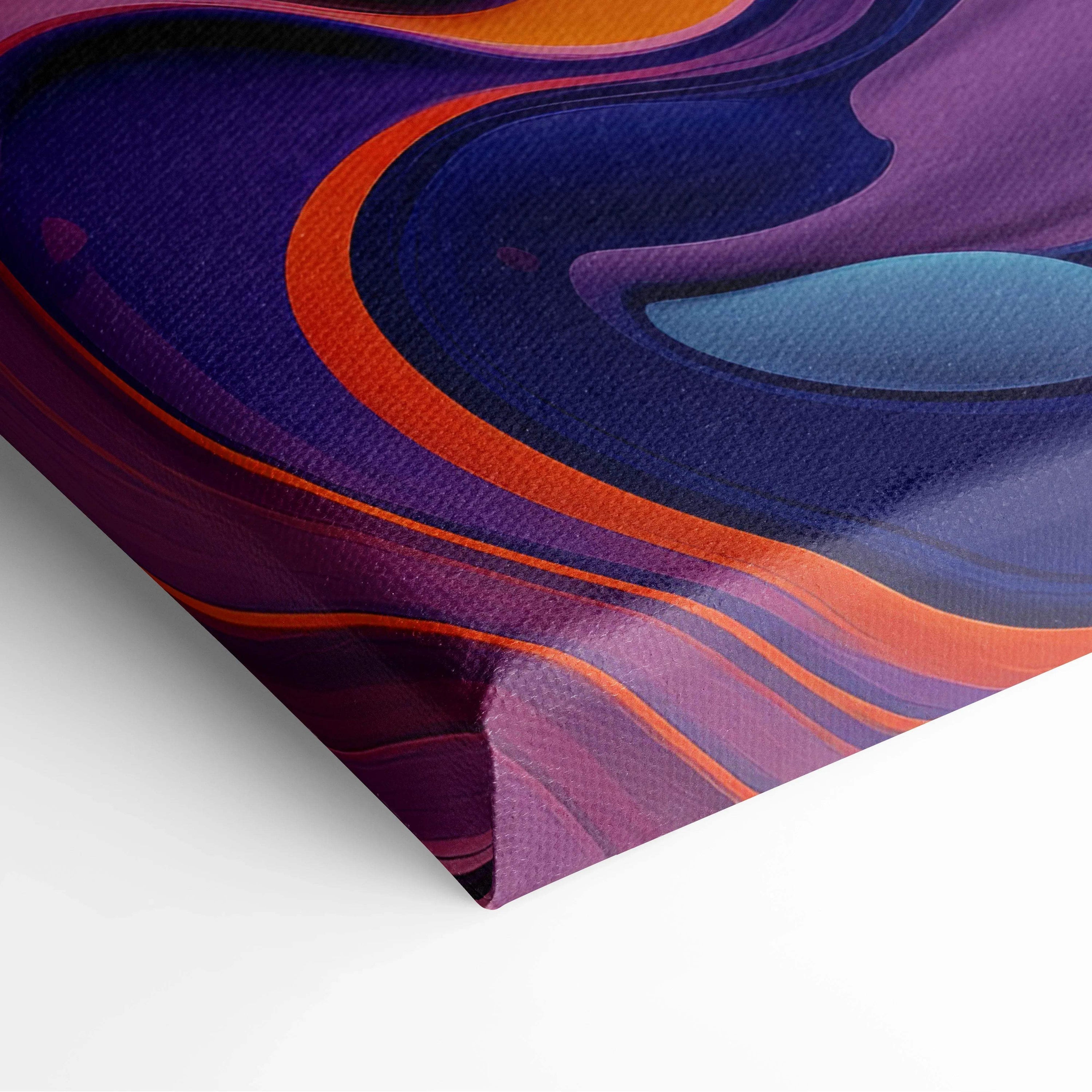 Abstract digital canvas art with swirling purple and orange shapes on textured wall art canvas.