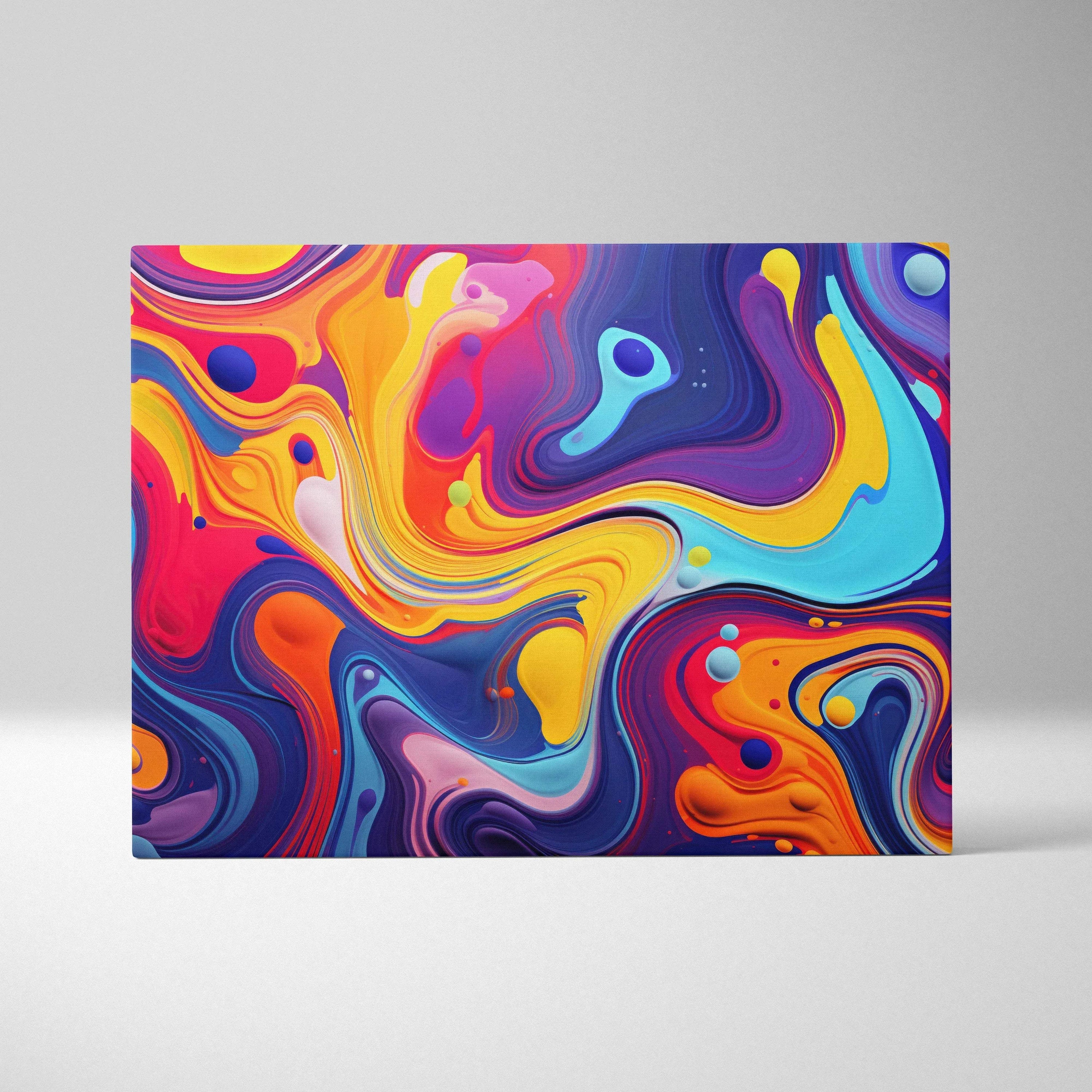 Abstract digital canvas art with vibrant swirling shapes in orange, blue, purple, and yellow tones on wall art canvas.