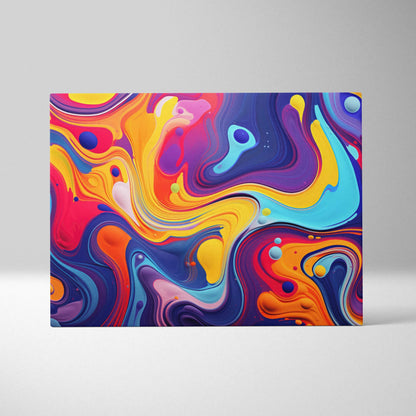 Abstract digital canvas art with vibrant swirling shapes in orange, blue, purple, and yellow tones on wall art canvas.