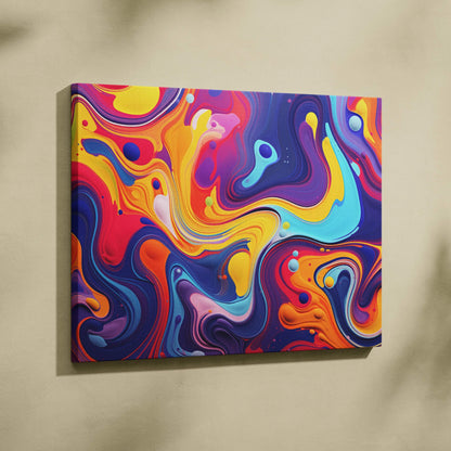 Abstract digital canvas art with swirling vibrant colors in red, yellow, blue, and purple on wall art canvas.